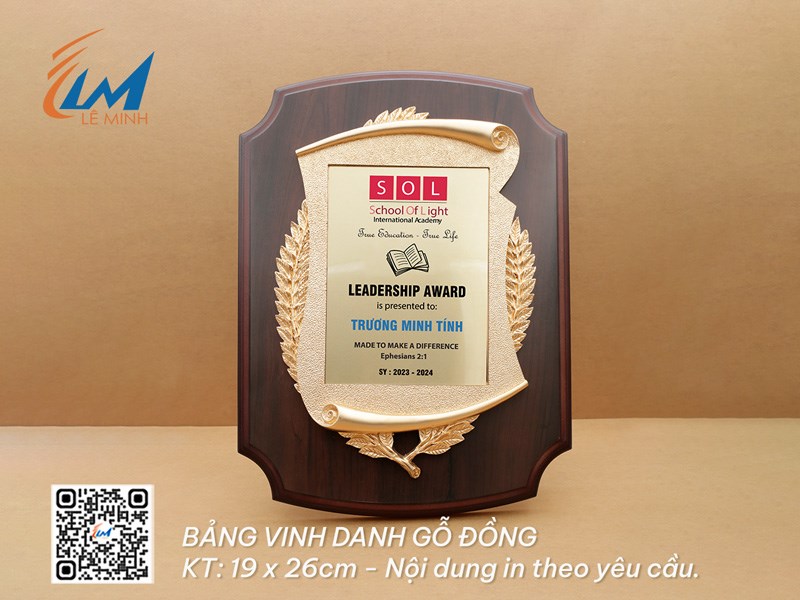 BẢNG VINH DANH GỖ ĐỒNG 19CM X 26CM